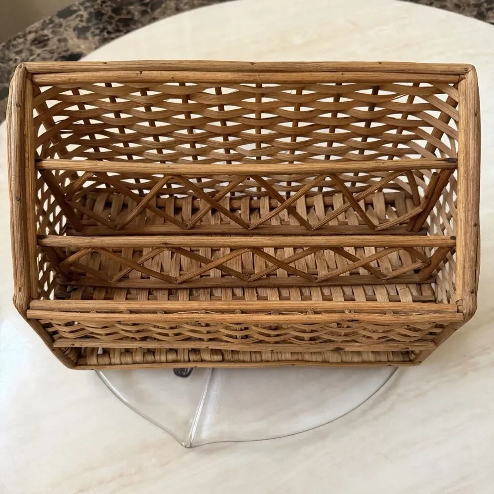 Vintage Wicker Rattan Divided Storage Basket Organizer Mail Utensil Holder 11”